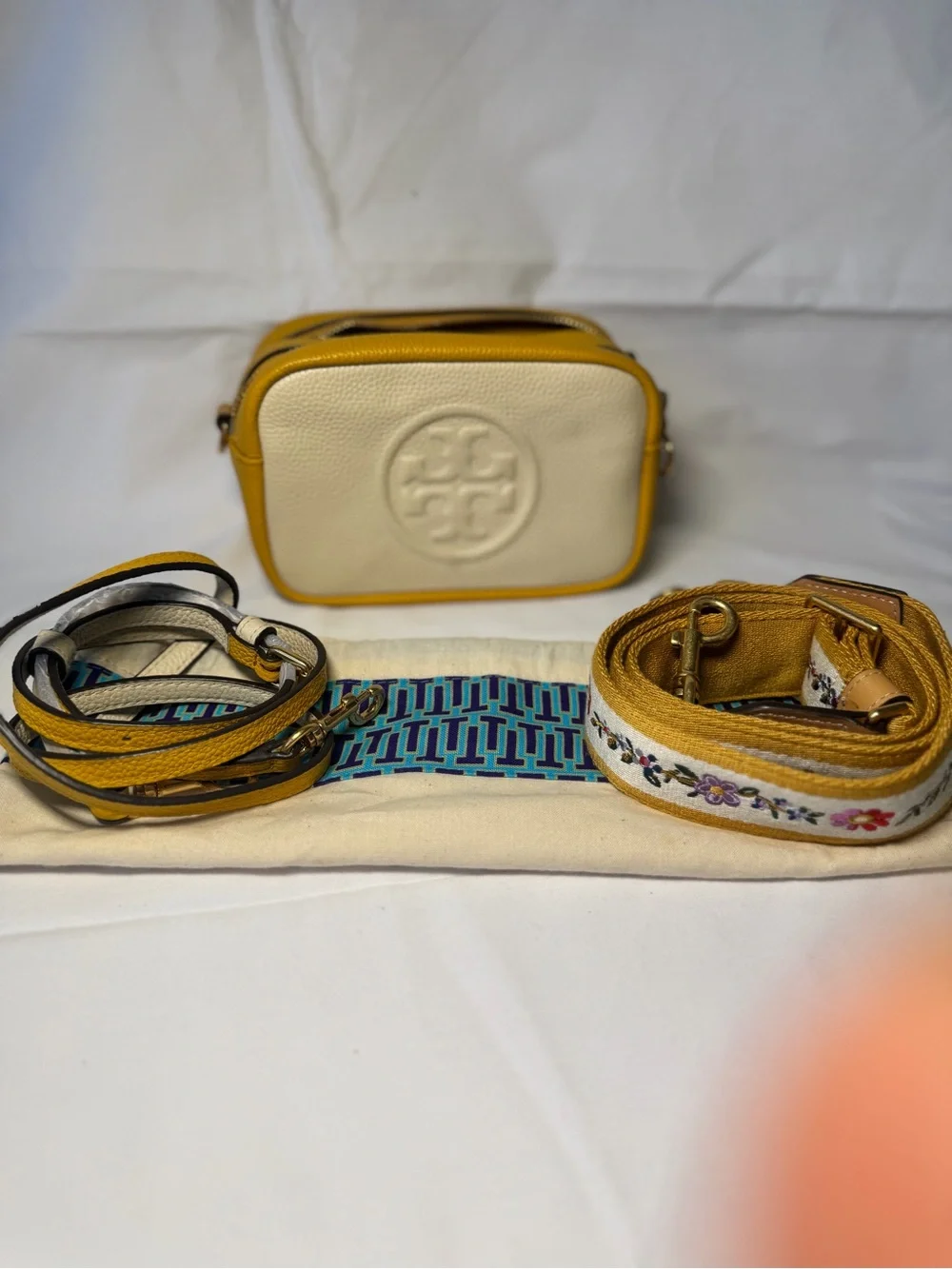 Tory Burch Cream Pebbled Leather Crossbody with Yellow Trim